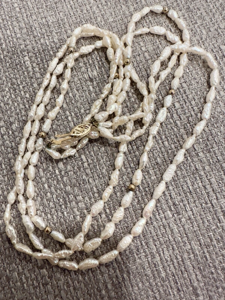 Vintage 14K Yellow Gold Clasp & Beads 3 Strand Freshwater Rice Pearl Necklace - Изображение 4 из 4