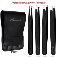 Professional Tweezers Set of 4-Piece Stainless Eyebrow Hair Pluckers + Case