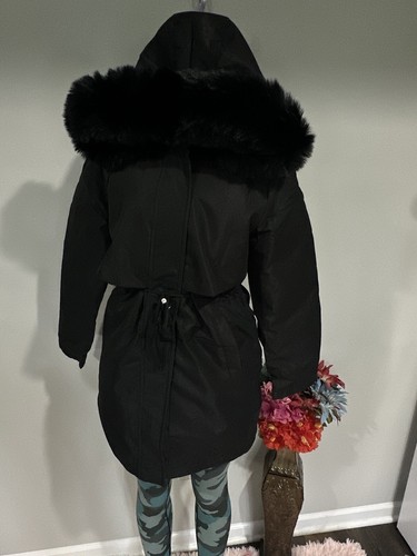 Down Coat Size Small Women Parka Black Faux Fur Hood New - Picture 6 of 13