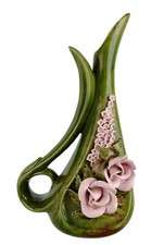 Capodimonte Style Green Ceramic Ewer Pitcher Vase Double Loop Handle 12.5"