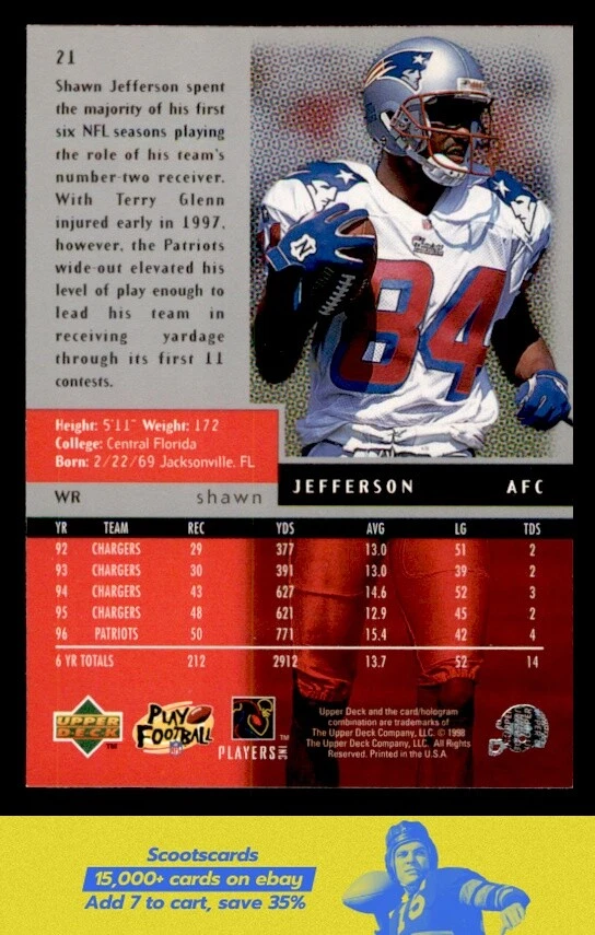 1998 Upper Deck Black Diamond Shawn Jefferson Triple #21 New England Patriots - Image 2 of 2