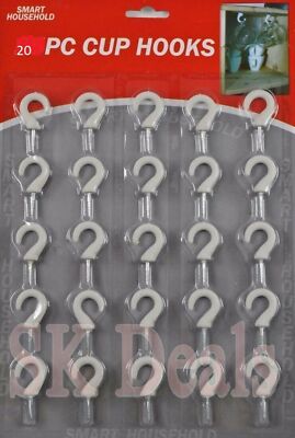 NEU PACKUNG MIT 20 BECHERHAKEN GESCHULTERT WEISS KUNSTSTOFFBESCHICHTET METALL EINSCHRAUBEN 19 MM