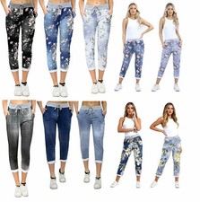 Ladies Italian Floral Print Joggers Cotton Trousers Leggings Magic Pants Jeans