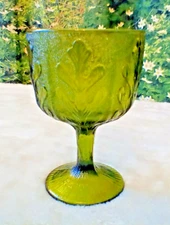 Green Glass Goblet FTD 70s Olive Color Vase Planter Oak Leaf Design 6.5"X 4.5"
