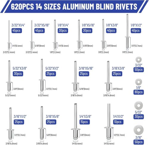620Pcs Pop Rivet Assortment Kit14 Size Aluminum Blind 304 Stainless Steel Washer - Picture 4 of 11