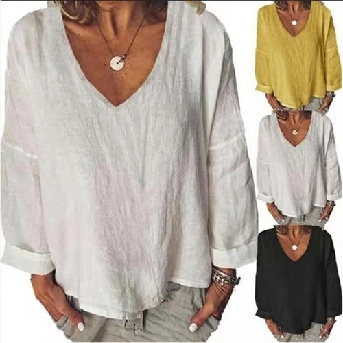 Tees Blouse Pullover T-Shirt Tunic Tops Cotton Linen Baggy Women Long Sleeve - Picture 2 of 17