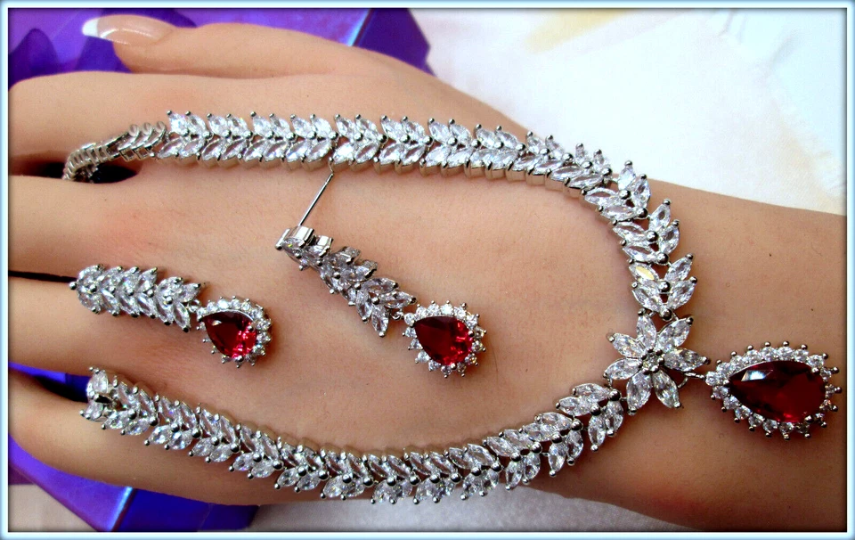 Ruby pear cut gemstone ladies Necklace Earrings Set For Brides party Weddings - Image 3 of 4