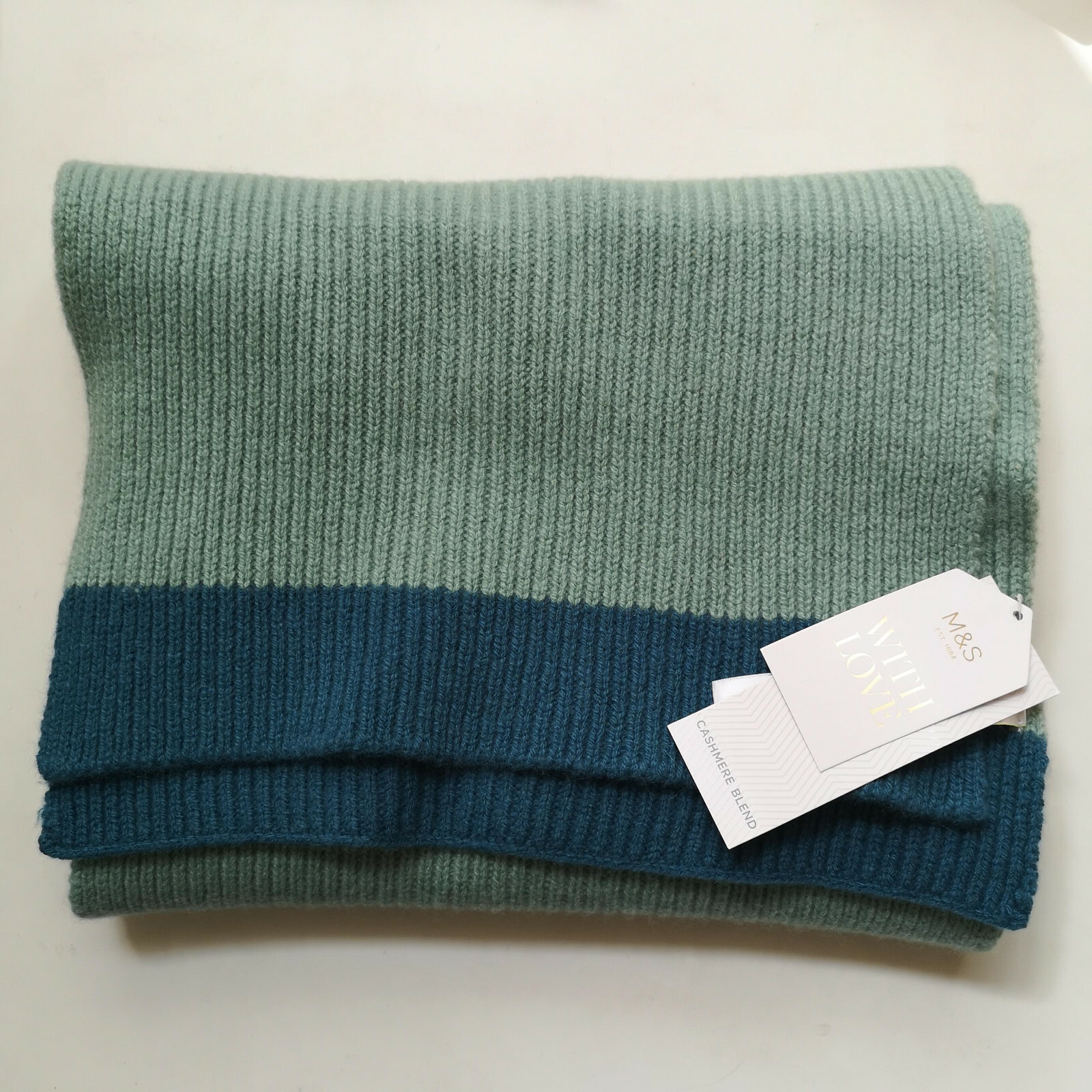 M&S Teal Green Mix Wool & Cashmere Blend Colour Block Scarf BNWT RRP £