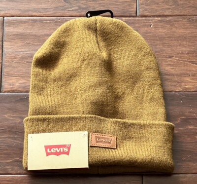 Levi's Beige Brown Women's Mens O/S Knit Logo Cuffed Beanie Skull Hat Cap NWT