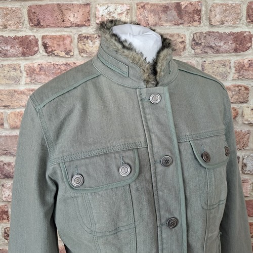 Principles Jacket Khaki Green Denim UK 12 Fleece Lined Fur Trim Military - Picture 7 of 16