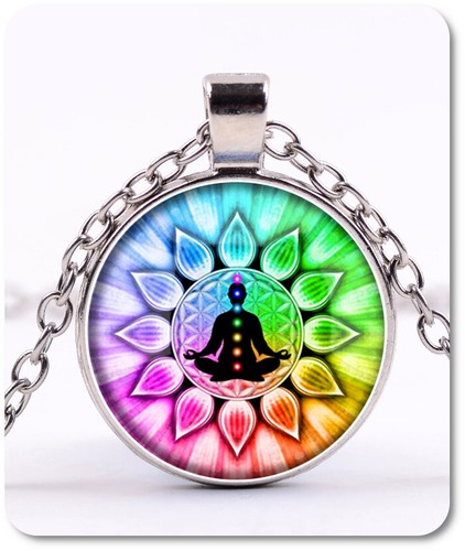Mandala Kette Anhänger Cabochon Halskette Lotus Buddha Chakrat Silber/ Bunt