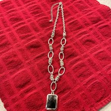 VTG Art Deco Silver Tone Faceted Geometric Burgandy/Black Onyx Pendant 18" Knott