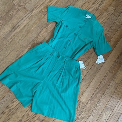 August Max Woman Vintage 100% Silk Aqua Green Blue Blouse & Shorts Set NWT XL