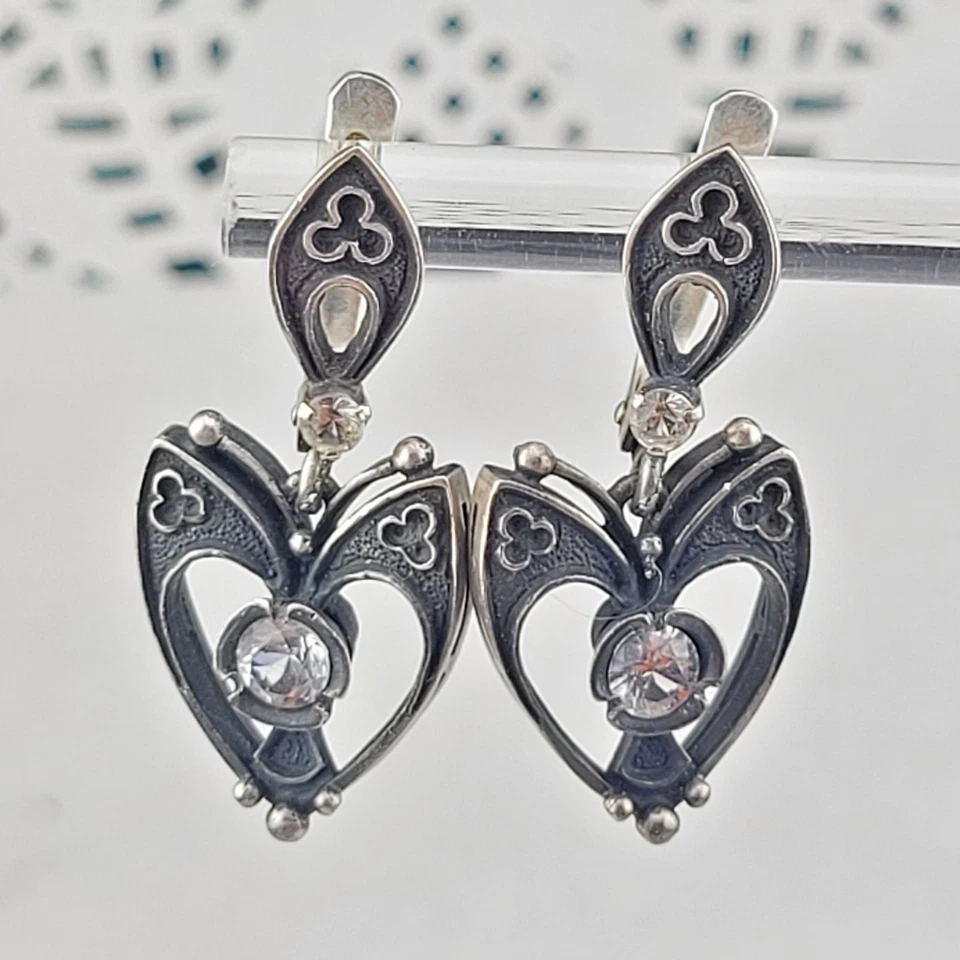 Brincos pendurados vintage de prata esterlina espinélio trevo irlandês celta assinado IAP - Imagem 2 de 4