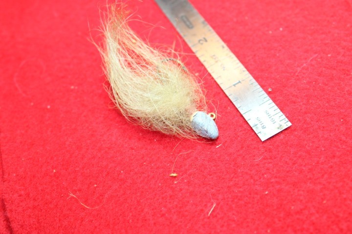 Vintage Jig fishing lure, yellow,and lead,hair,#32