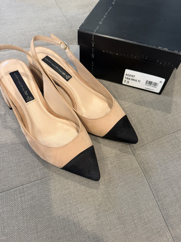 Steve Madden Agent Tan/Multi, Black Toe, Shin Slingback, Block Heel, Size 7.5