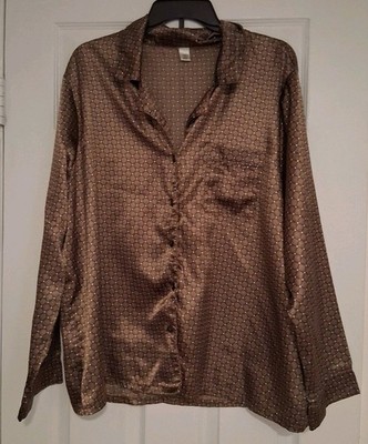 ''Cato'' Womens Pajama Set, Sz 18/20W, Brown, Blue Dots & Squares, Silky, Long Sle