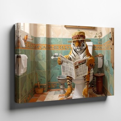 Wall Art  Canvas a Tiger Sitting on a Toilet Reading a Newspaper the Tiger with