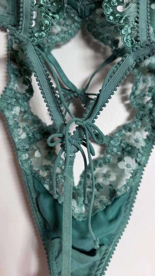 For Love & Lemons Floral Embroidered Mesh Bodysuit Teal Green 38B Sexy Lingerie - Image 3 of 4