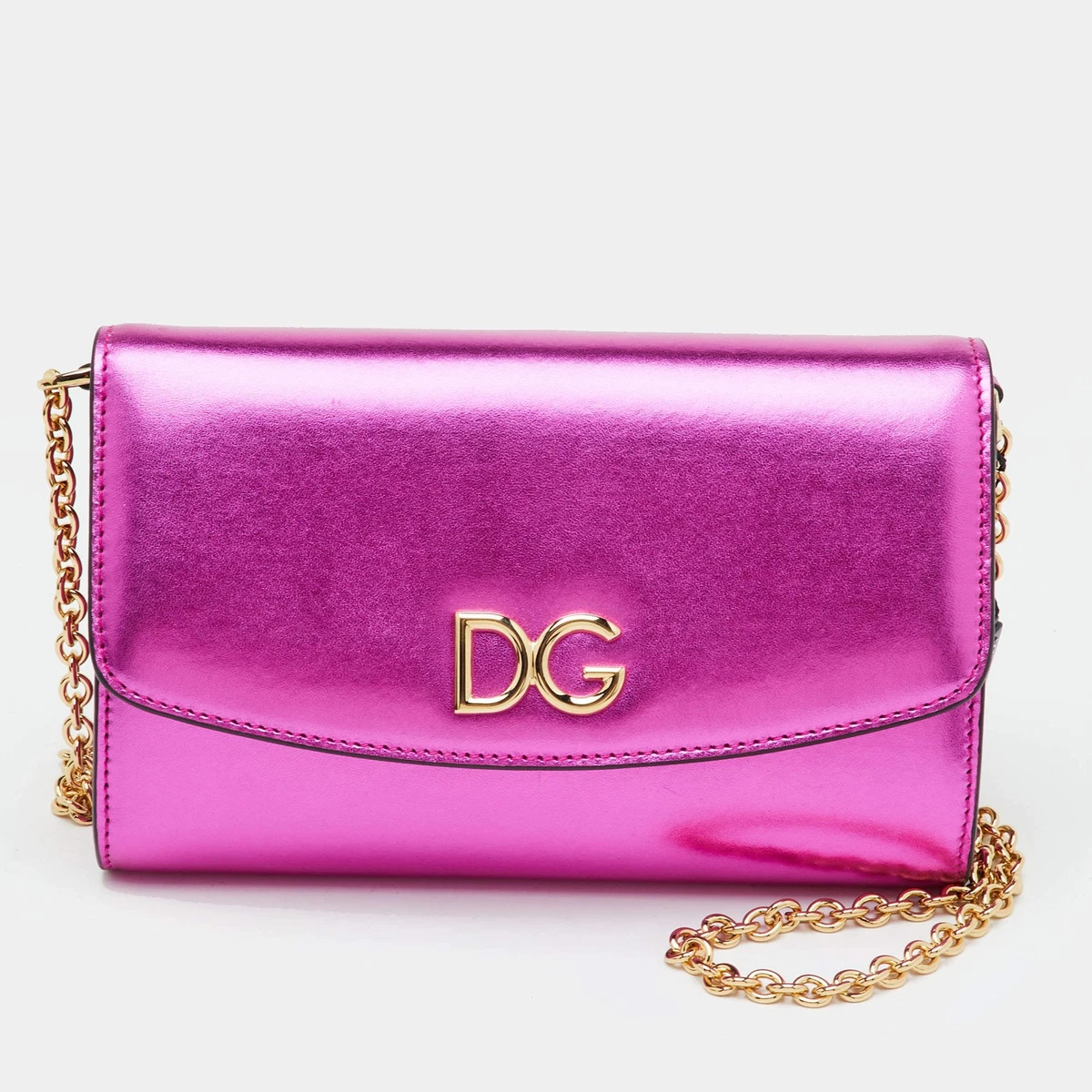 Dolce Gabbana DG Logo Flap Chain Mini Metallic Pink Leather