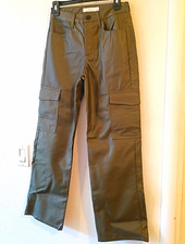 Vtgla Women s Green Faux Leather Cargo Pants Straight Leg Mid Rise Pockets