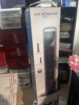 Air Monster 15830: 30'' Tower Fan Oscillating 3 Speeds, 2 Hour Shut Off Timer Blk