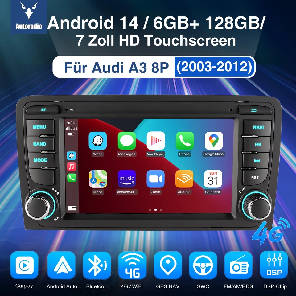 DAB+ Android14 Per AUDI A3 8P 2003-2012 Autoradio Apple Carplay GPS Navi 4G WIFI - Immagine 3 di 4