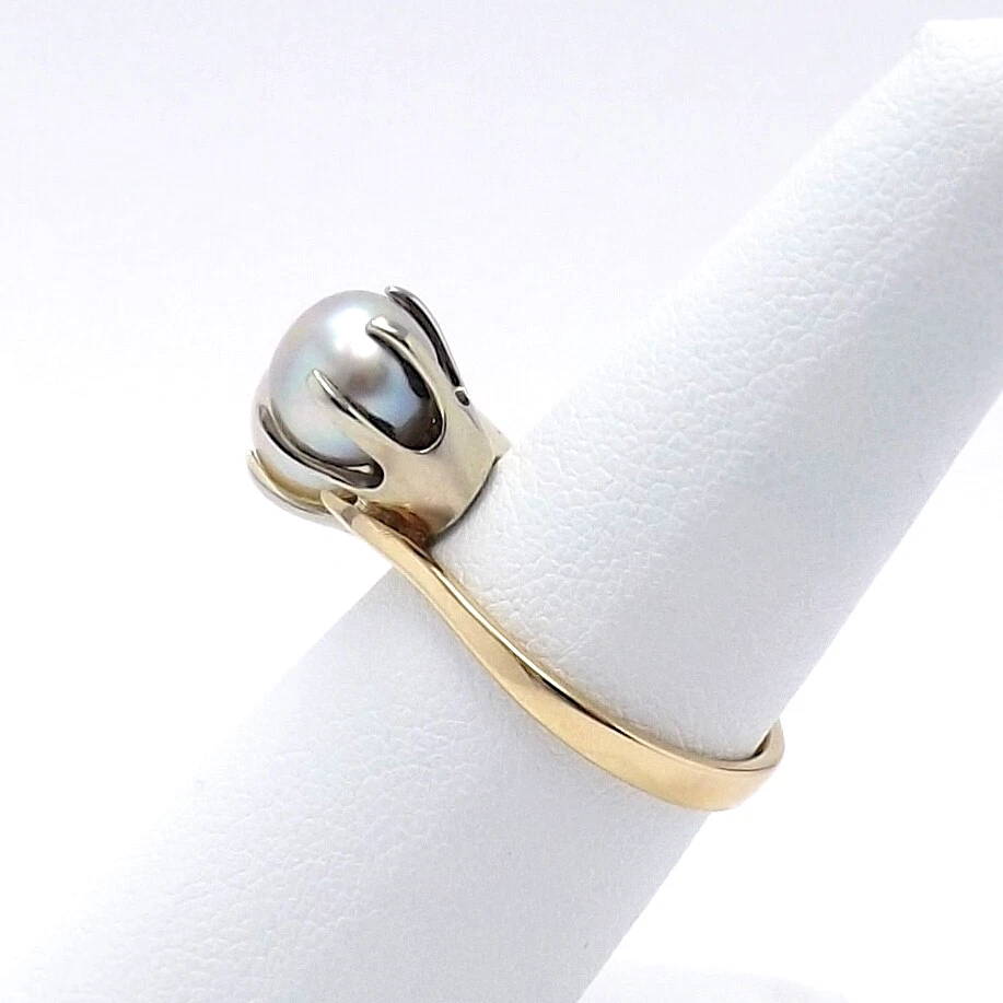 14k Two Tone Gold White and Silver Akoya Pearl Bypass Ring Toi Moi Vintage - Image 3 of 4