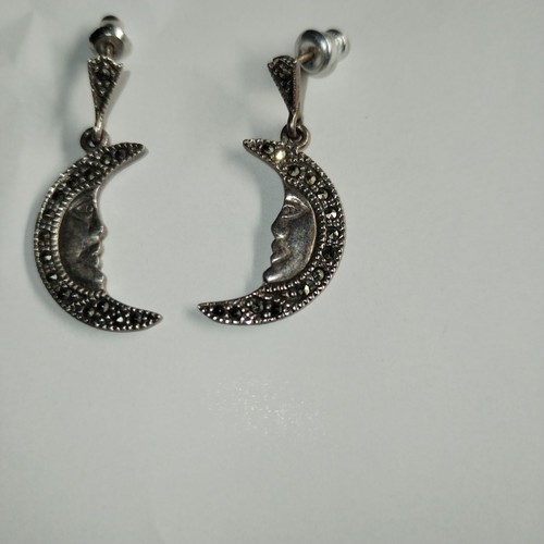 Vtg Estate Sterling Silver Crescent Moon Man Earrings Marcasite Dangle Celestial - Picture 2 of 11