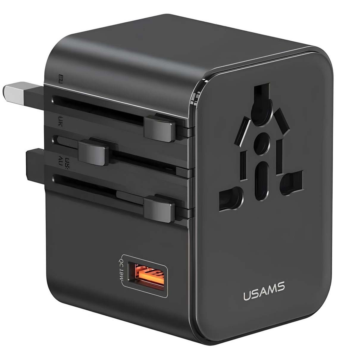 Chargeur Usams Secteur 2 USB-A et USB-C 25W Noir avec Prises Internationales EU UK US