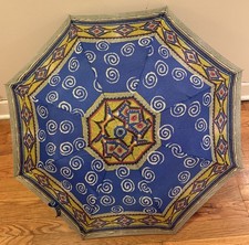 Vintage Chromatics Umbrella Blue, Yellow, Red, White Swirls, Collapsible