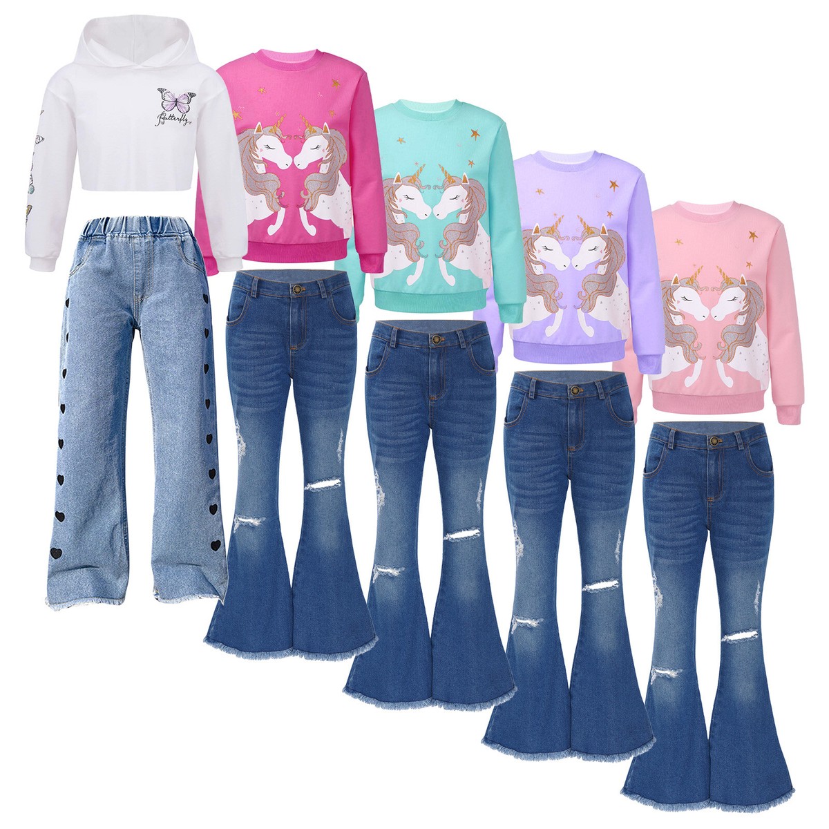Kids Girls Long Sleeve Printed Sweatshirt with Bell-bottom Jeans