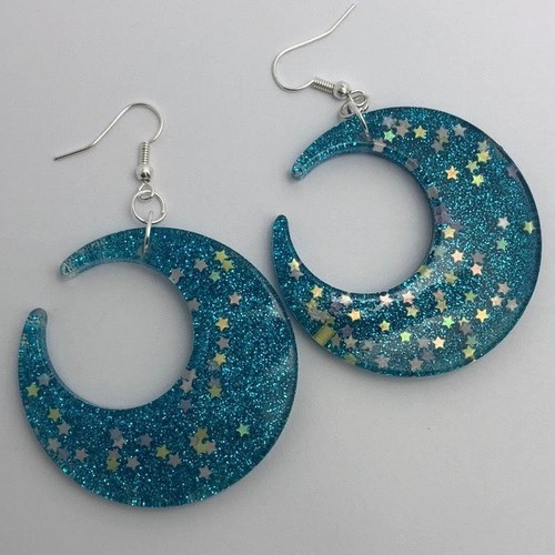 Large crescent moon earrings, Star Glitte , Acrylic Earrings - Picture 9 of 60