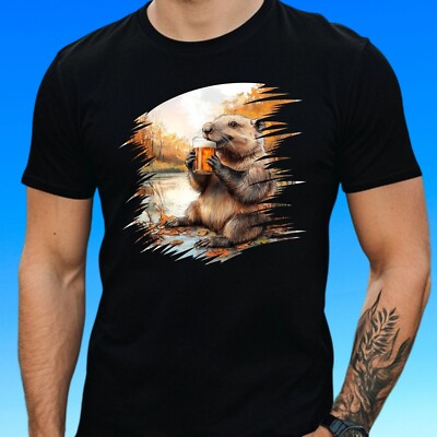 Mens Beaver Beer Print Cotton T-Shirt Size XS to 5XL