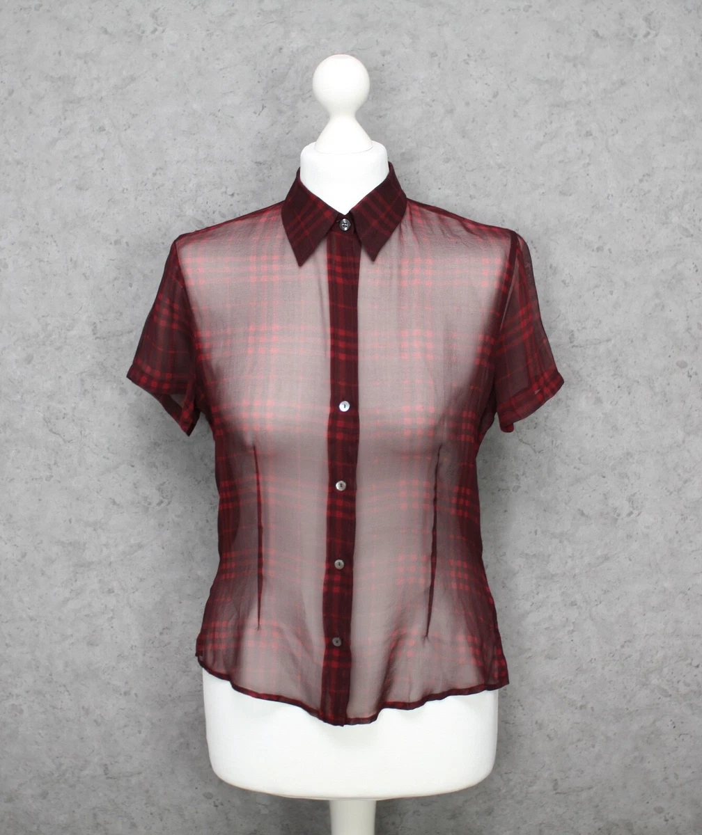 Burberry London Women s Burgundy Silk Top Shirt Short Sleeve Size