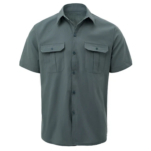 Men's Shirt Button Down Short Sleeve Two Front Pockets Solid Color Casual Tops#A - Picture 2 of 21