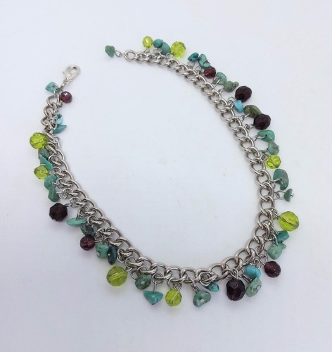 Silver Tone Turquoise Chip And Glass Bead Anklet Ankle Chain