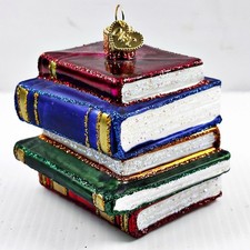 Old World Christmas STACK of BOOKS Glass Ornament Hand Mouth Blown Glitter OWC