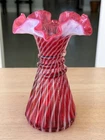 Vintage Fenton Glass Cranberry Opalescent Spiral Rib Optic Wheat Vase 7.5''