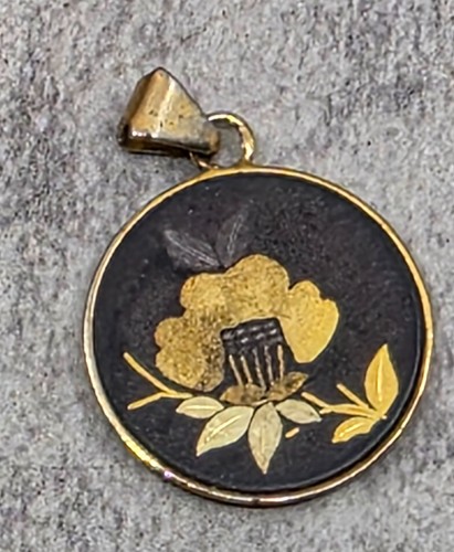 Vintage Amita Japan Damascene Pendant Gold Silver Inlay Round Floral Camellia