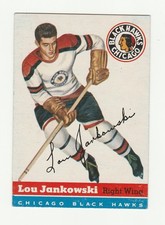 1954-55 TOPPS #28 LOU JANKOWSKI ROOKIE CARD, BLACK HAWKS EX-NM RANGE. rookie card picture