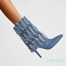 Women's High Heel Mid Calf Ankle Boots Denim Jeans Shoes Pointed Toe Ripped Hole