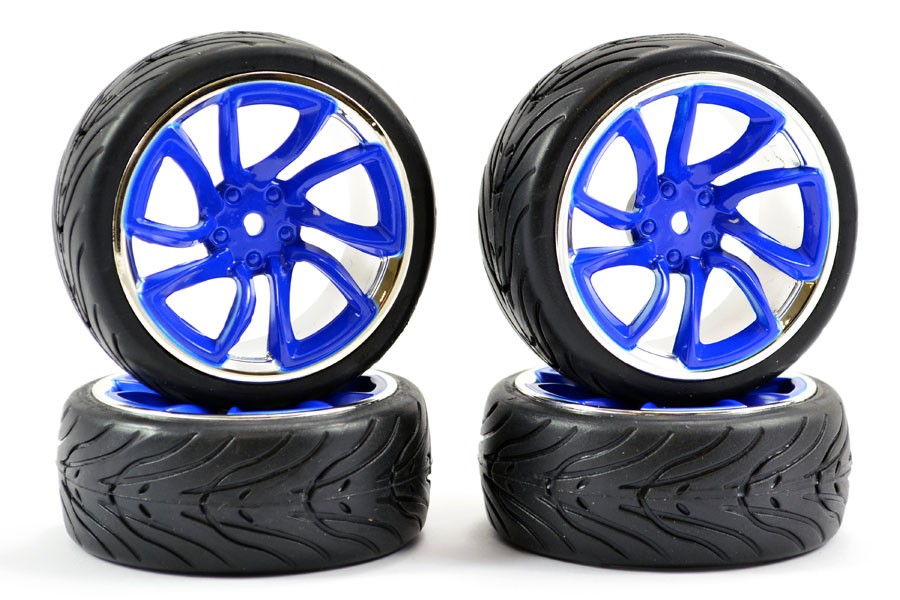 Fastrax 1/10th Street Tread Tyres on TRI-5 Blue and Chrome Wheels Set of 4