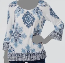Inc International Concepts Women's Blue White Ruffled Peasant Blouse Size XS