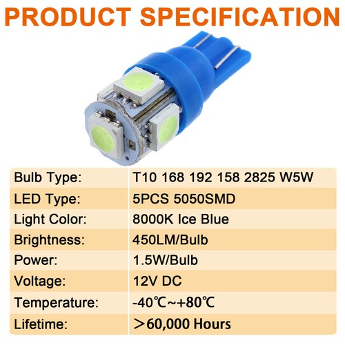 10X Ice Blue T10 194 LED Bulbs for Instrument Gauge Cluster Dash Light W/ Socket - Picture 4 of 12