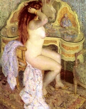 NUDE GIRL SEATED AT HER DRESSING  TABLE BY FREDERIC FRIESEKE CANVAS REPRO 11x14