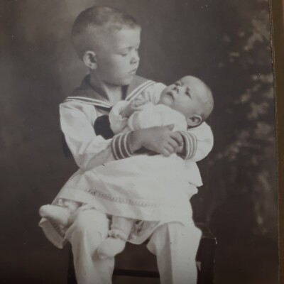 Vintage Portrait Studio Photo Boy Baby Brother Navy Sailor Outfit 1940s  era