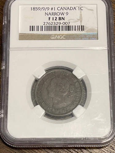 1859/9/9 #1 Canada One Cent 1C Narrow 9 variety,  NGC Fine F 12 BN Very Rare