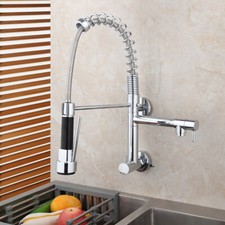 Wall Mount Chrome Kitchen Sink Faucet Pull Down Spray Swivel Spout Mixer Tap