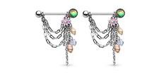 Pair Chain Drop Dangle Pearl Flower Nipple Shields Rings Barbells Body Jewelry